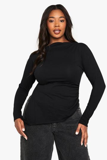 Plus Cotton Ruched Side Asymmetric Hem Long Sleeve Top black