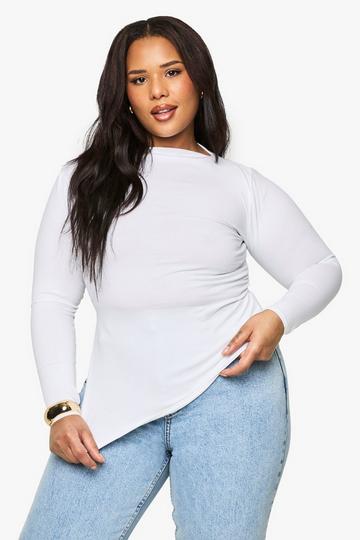 Plus Cotton Ruched Side Asymmetric Hem Long Sleeve Top white