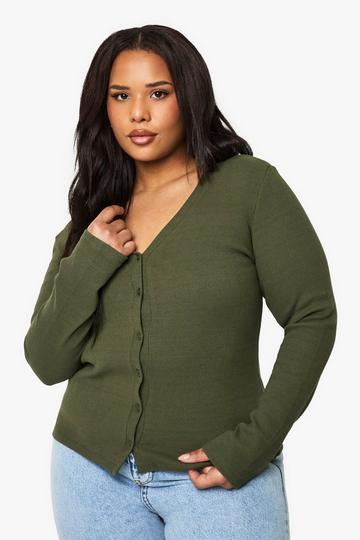 Plus V Neck Ribbed Button Down Top dark olive