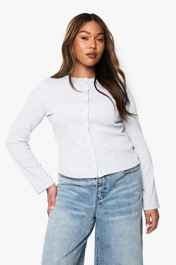 Grey Plus Crew Neck Ribbed Button Down Top