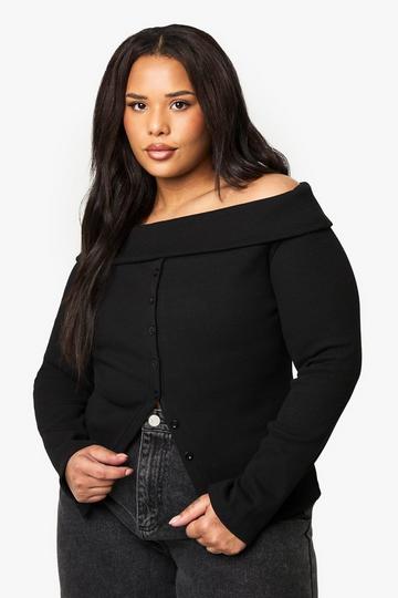 Plus Geribbelde Off Shoulder Top Met Knopen black