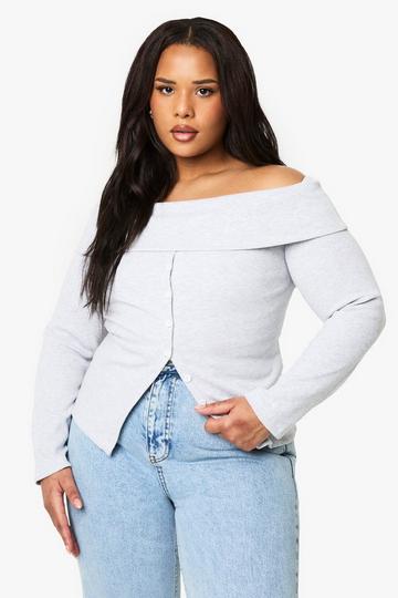 Grey Plus Button Down Bardot Rib Top