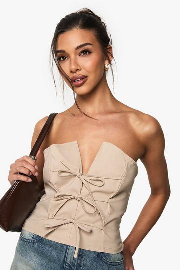 Marl Bengaline Tie Front Detail Bandeau Top ecru marl