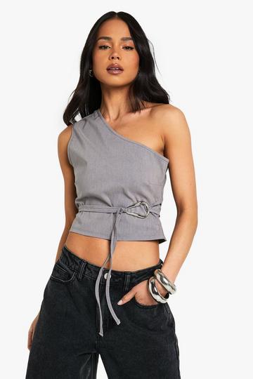 Grey Bengaline One Shoulder Trim Detail Top