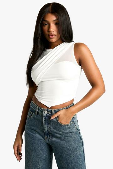 Double Layer Slinky Mesh Insert Pointed Hem Top white