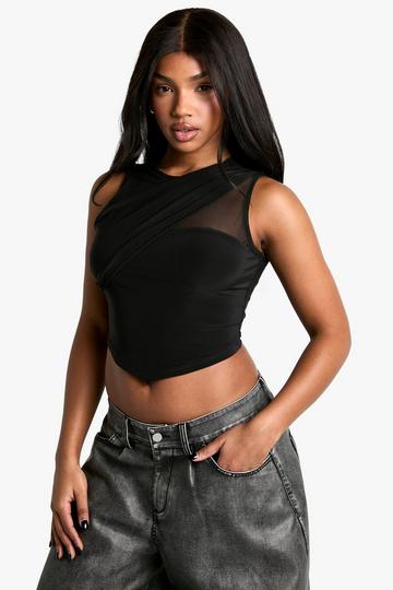 Double Layer Slinky Mesh Insert Pointed Hem Top black