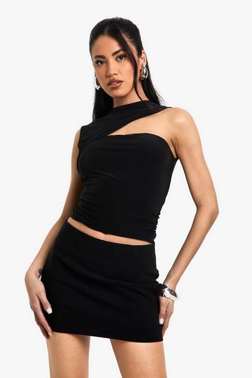 Double Layer Slinky Cut Out Shoulder Top black