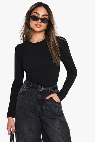 RIBBED PUFF SLEEVE LONG SLEEVE TOP black