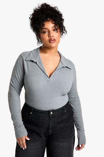 Plus Zachte Geribbelde Top Met Lange Mouwen En Kraag grey