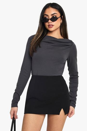 Peached Modal Asym Ruched Neck Long Sleeve Top charcoal