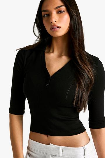 PEACHED MODAL BUTTON COLLAR 3/4 SLEEVE TOP black