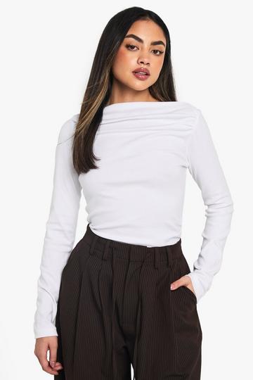 Peached Modal Asym Ruched Neck Long Sleeve Top white