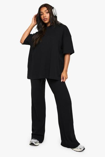 Waffle Drawstring Wide Leg Trouser black