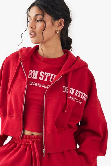 Red DSGN Boxy Crop Zip Through Hoodie