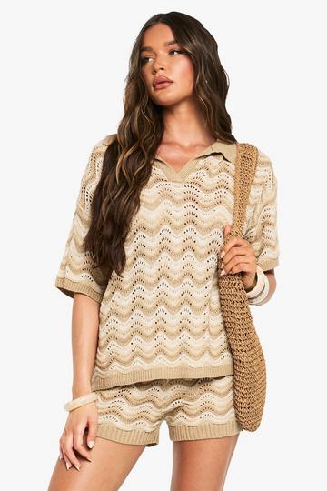 Crochet Stripe Oversized Collared Shirt neutral