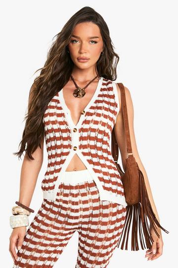 Stripe Crochet Knitted Waistcoat rust