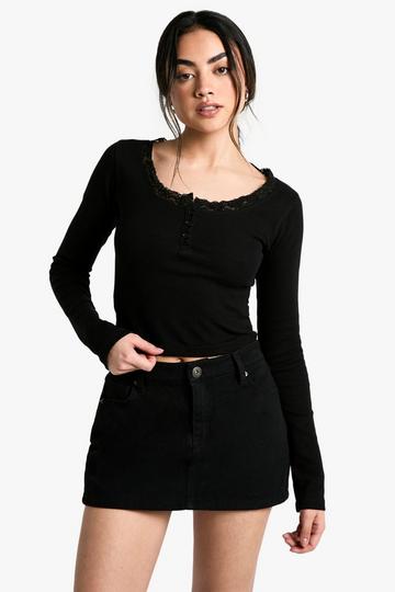 Rib Long Sleeve Top With Lace Trim black