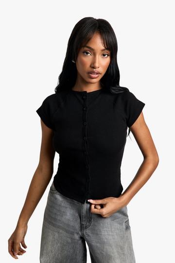 Rib Button Through Cap Sleeve Top black