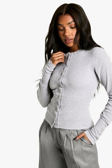 Ribbed Popper Cinched in Waist Long Sleeve Top grey marl