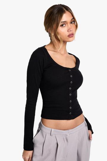 RIBBED POPPER DETAIL LONG SLEEVE TOP black