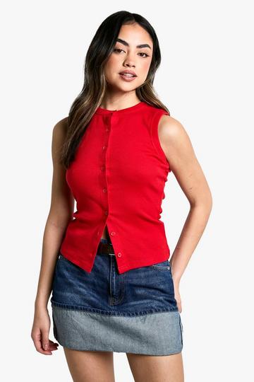 Ribbed Button Front Longline Top red