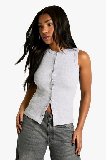 Ribbed Button Front Longline Top grey marl