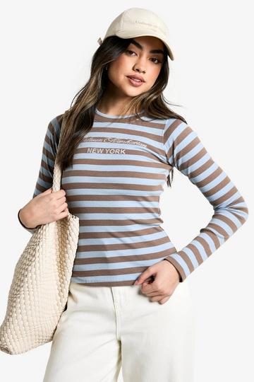 NEW YORK EMBORIDERY STRIPED LONG SLEEVE TOP grey blue