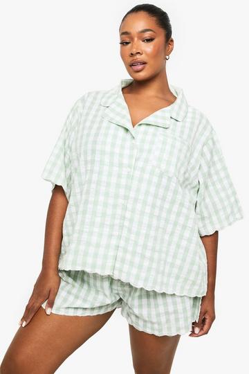 Plus Gingham Overhemd Met Geribbelde Zoom En Pyjama Shorts Set mint
