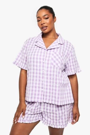 Plus Seersucker Gingham Pyjama Set Met Overhemd Met Ruches En Broek lilac