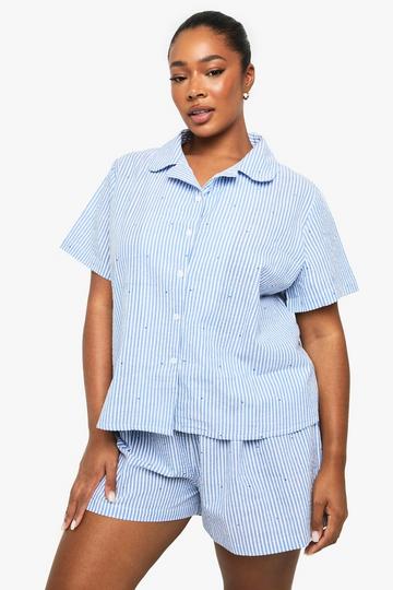 Plus Seersucker Stripe Heart Print Shirt And Short Pyjama Set blue