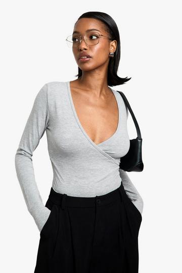 Wrap front long sleeve top grey marl