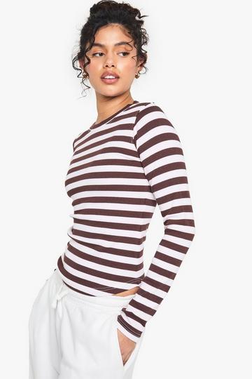 Brown RIBBED STRIPED LONG SLEEVE TOP