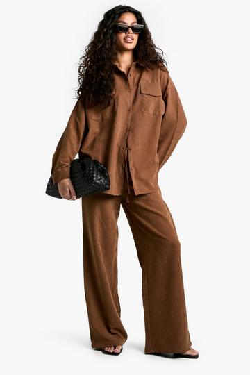 Striped Peached Drawstring Waist Wide Leg Trouser tan