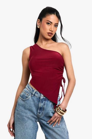 Slinky one shoulder ruched detail top plum