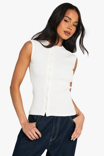 Heavy Rib Button Through Sleevless Top ecru