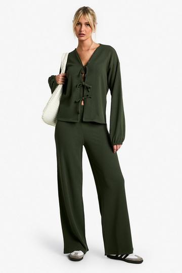 Rib Tie Front Blouse and Trouser Co-ord khaki