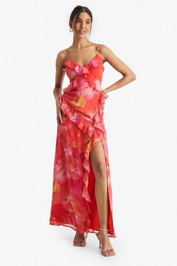 Floral Crinkle Chiffon Ruffle Maxi Dress pink