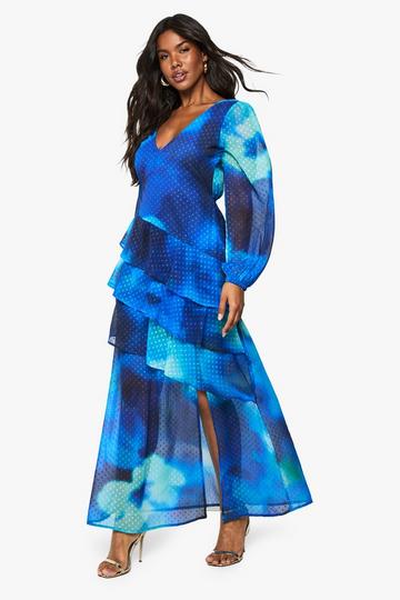 Floral Dobby Frill Detail Maxi Dress blue