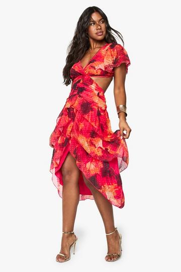 Floral Dobby Ruffle Detail Midaxi Dress maroon