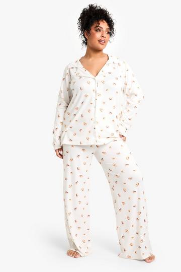 Plus Coffee Print Long Sleeve & Trouser PJ Set cream