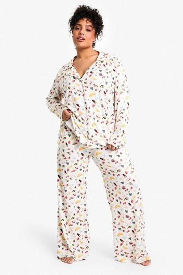 Plus Fruit & Bow Print Long Sleeve & Trouser PJ Set cream