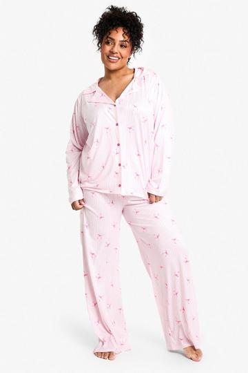 Plus Bow Stripe Print Long Sleeve & Trouser PJ Set pink