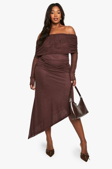 PLUS BARDOT LONG SLEEVE ASYMMETRIC HEM MAXI DRESS brown