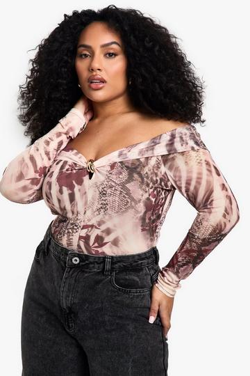 Plus Off Shoulder Bodysuit Met Print multi