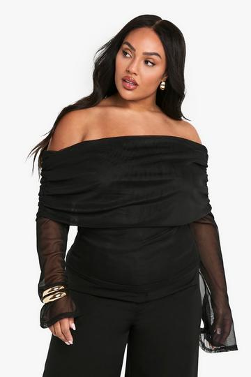 PLUS MESH BARDOT LONG SLEEVE TOP black