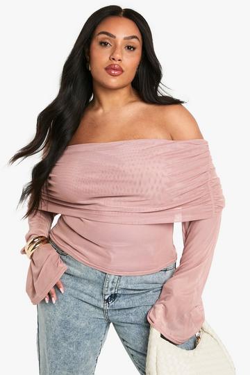 PLUS MESH BARDOT LONG SLEEVE TOP mauve