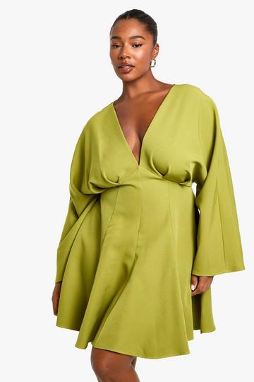 Olive Green PLUS PLEATED SKIRT LONG SLEEVE SKATER DRESS