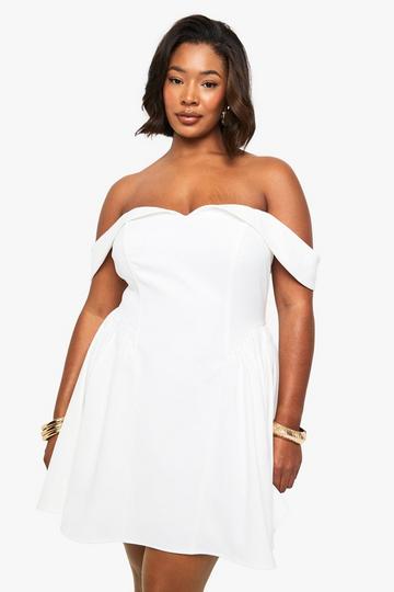 Plus Bardot Volume Mini Skater Dress white