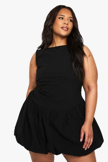 Plus BENGALINE ROUCHED BUBBLE HEM MINI DRESS black