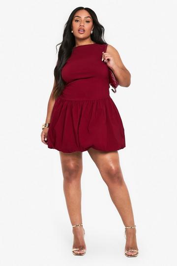 Plus BENGALINE ROUCHED BUBBLE HEM MINI DRESS wine